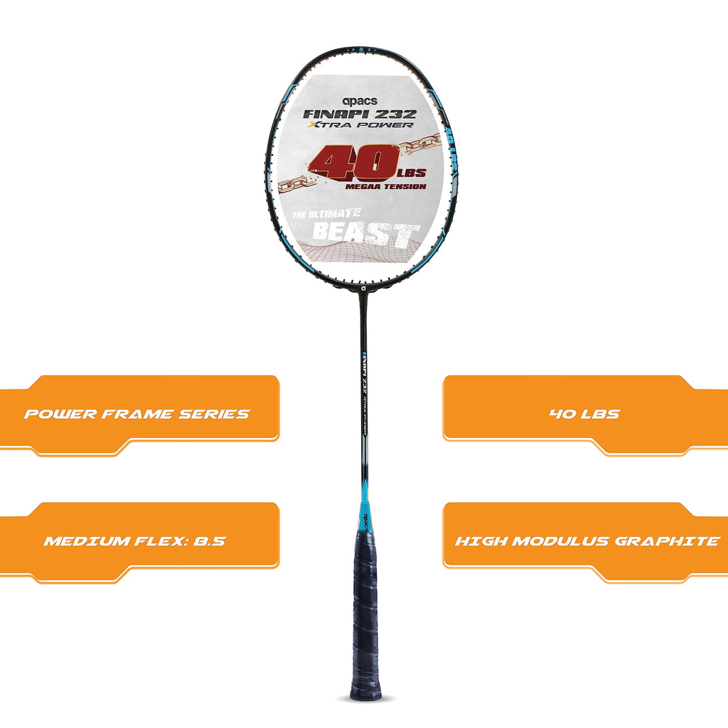 Apacs Finapi 232 Xtra Power (40LBS, 100% Top Grade UHM Japanese Graphite) Extra Strong Professional Unstrung Badminton Racket with Free Full Cover