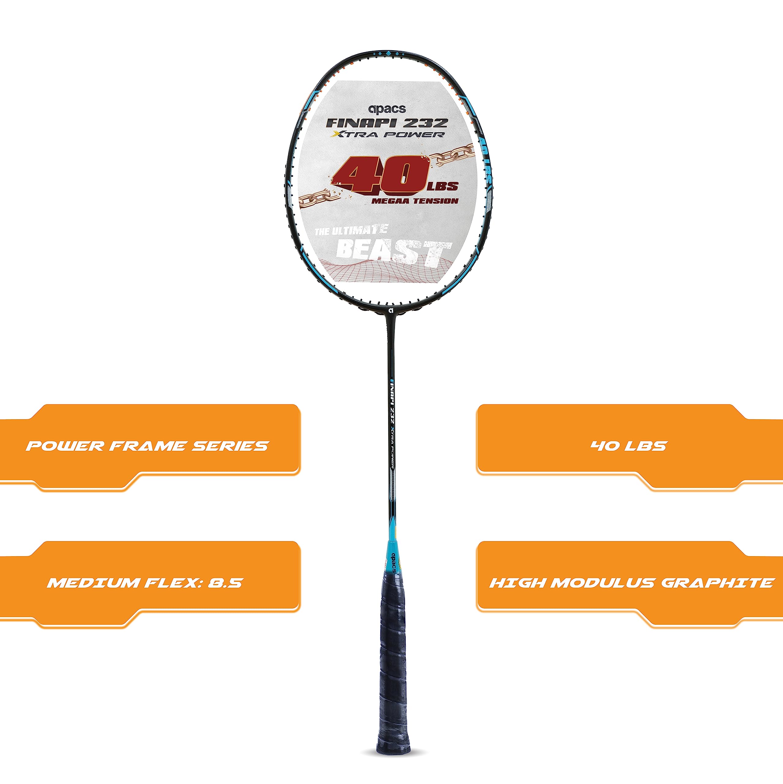Apacs Finapi 232 Xtra Power (40LBS, 100% Top Grade UHM Japanese Graphite) Extra Strong Professional Unstrung Badminton Racket with Free Full Cover