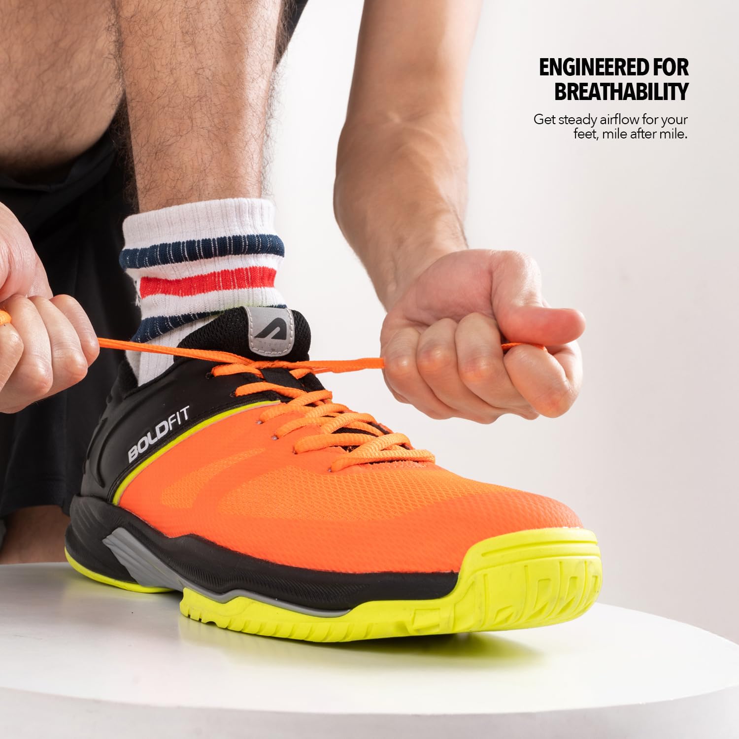 Boldfit Men's Non Marking Badminton Shoes - Anti Skid, Breathable, Inferno Orange/Black 09