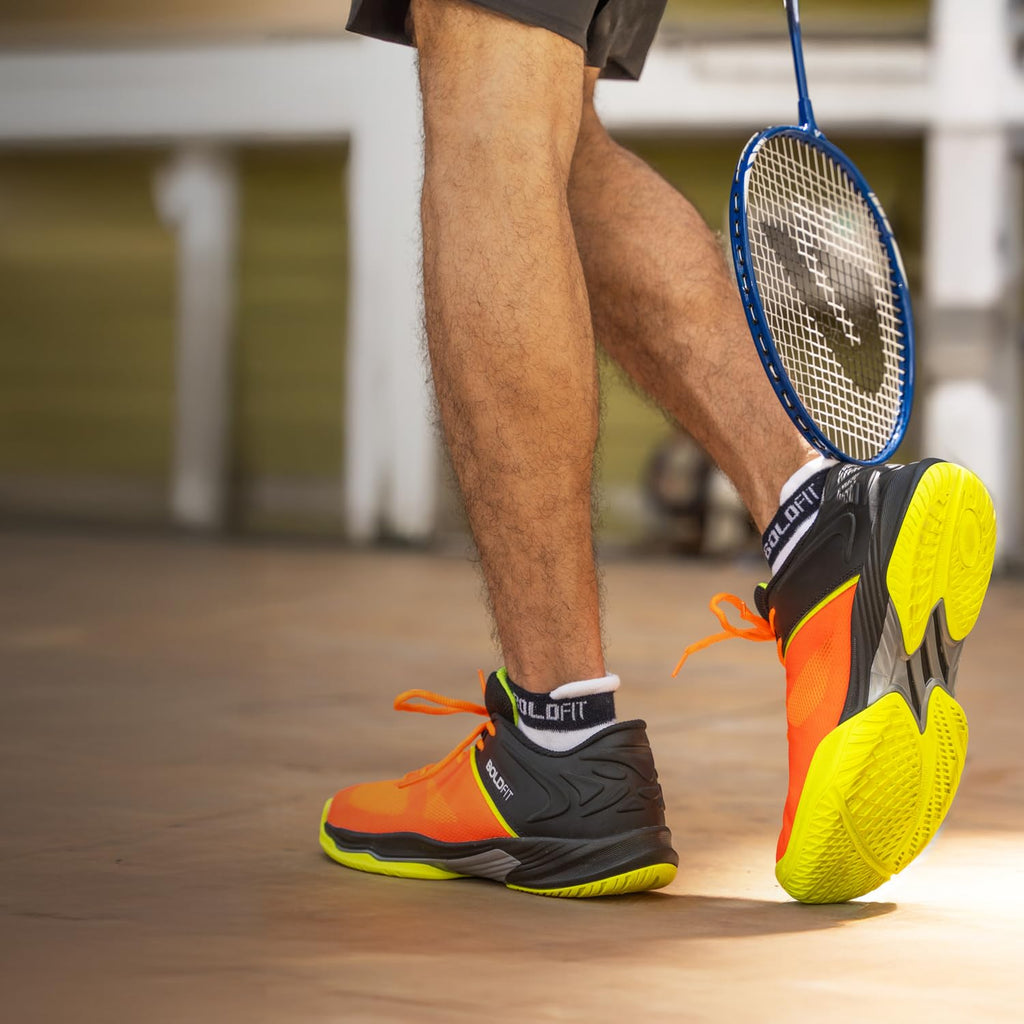 Boldfit Men's Non Marking Badminton Shoes - Anti Skid, Breathable, Inferno Orange/Black 09