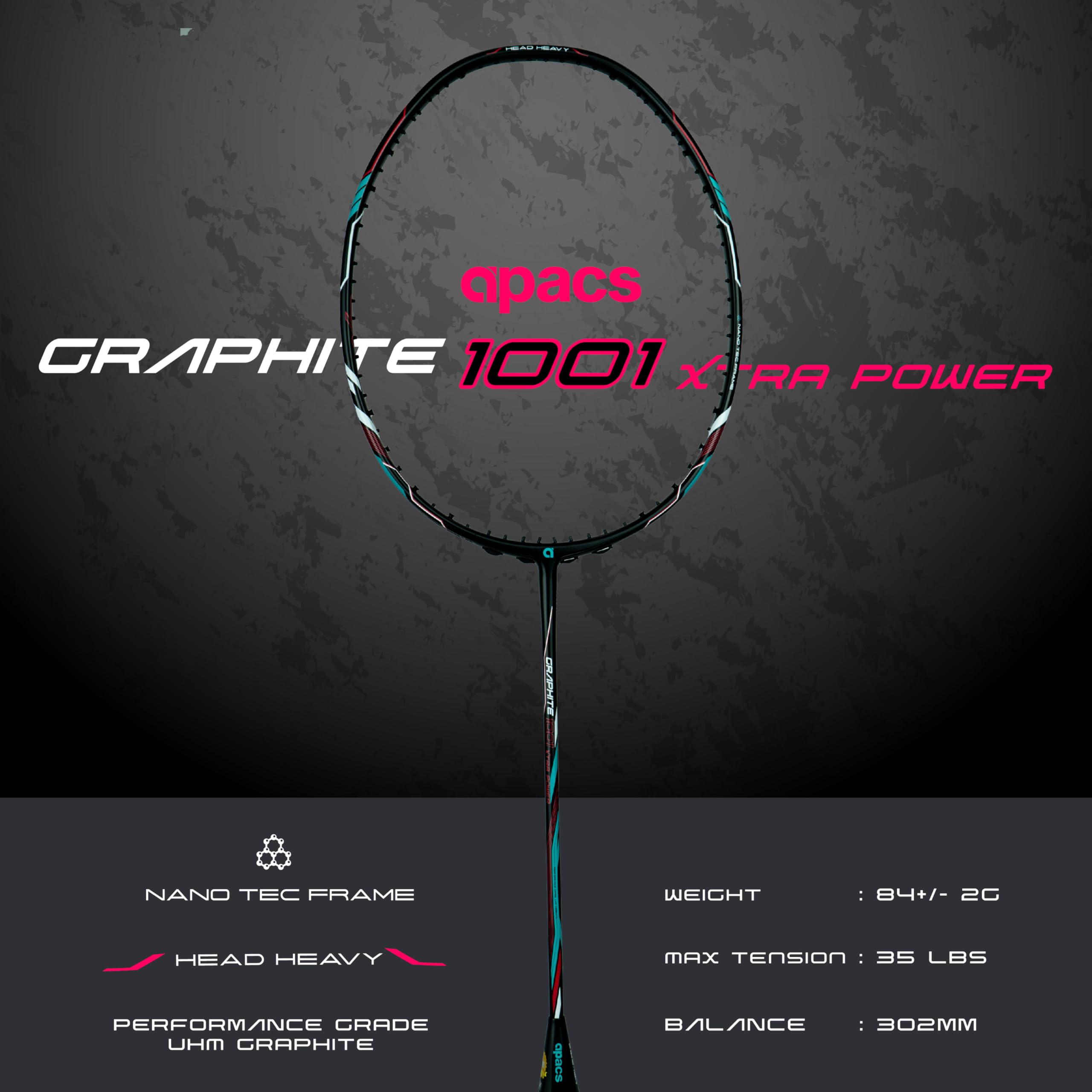 Apacs Graphite 1001 Xtra Power (36LBS, Power Frame with 100% Japanese Graphite) Badminton Racket with Full Cover (Black Blue)