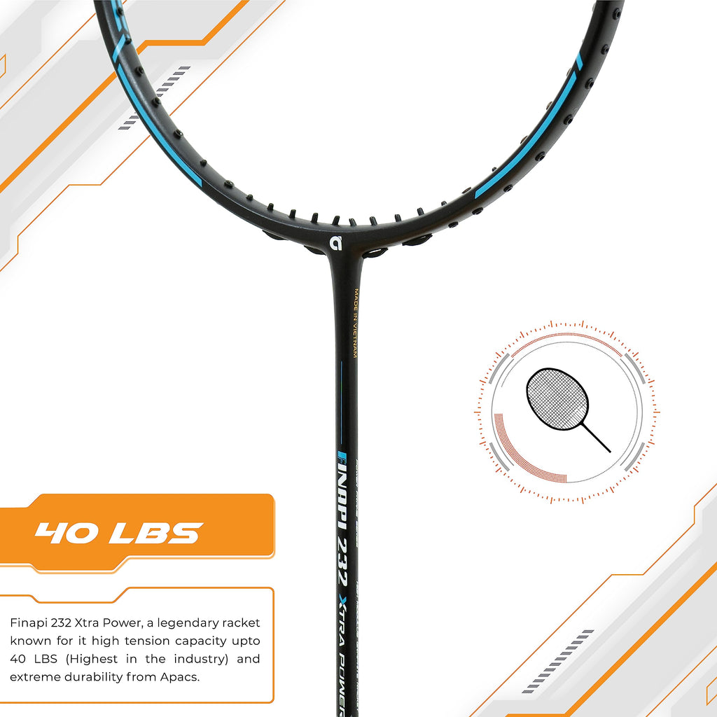 Apacs Finapi 232 Xtra Power (40LBS, 100% Top Grade UHM Japanese Graphite) Extra Strong Professional Unstrung Badminton Racket with Free Full Cover
