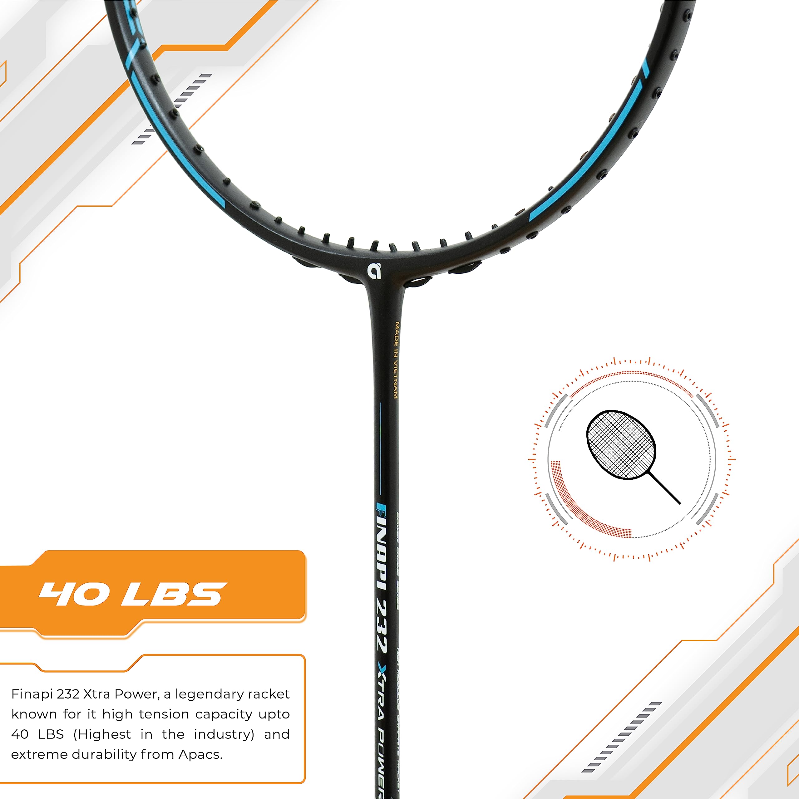Apacs Finapi 232 Xtra Power (40LBS, 100% Top Grade UHM Japanese Graphite) Extra Strong Professional Unstrung Badminton Racket with Free Full Cover